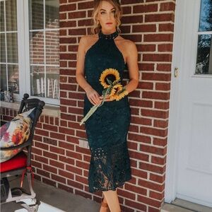 Elegant Green Lace Halter Dress